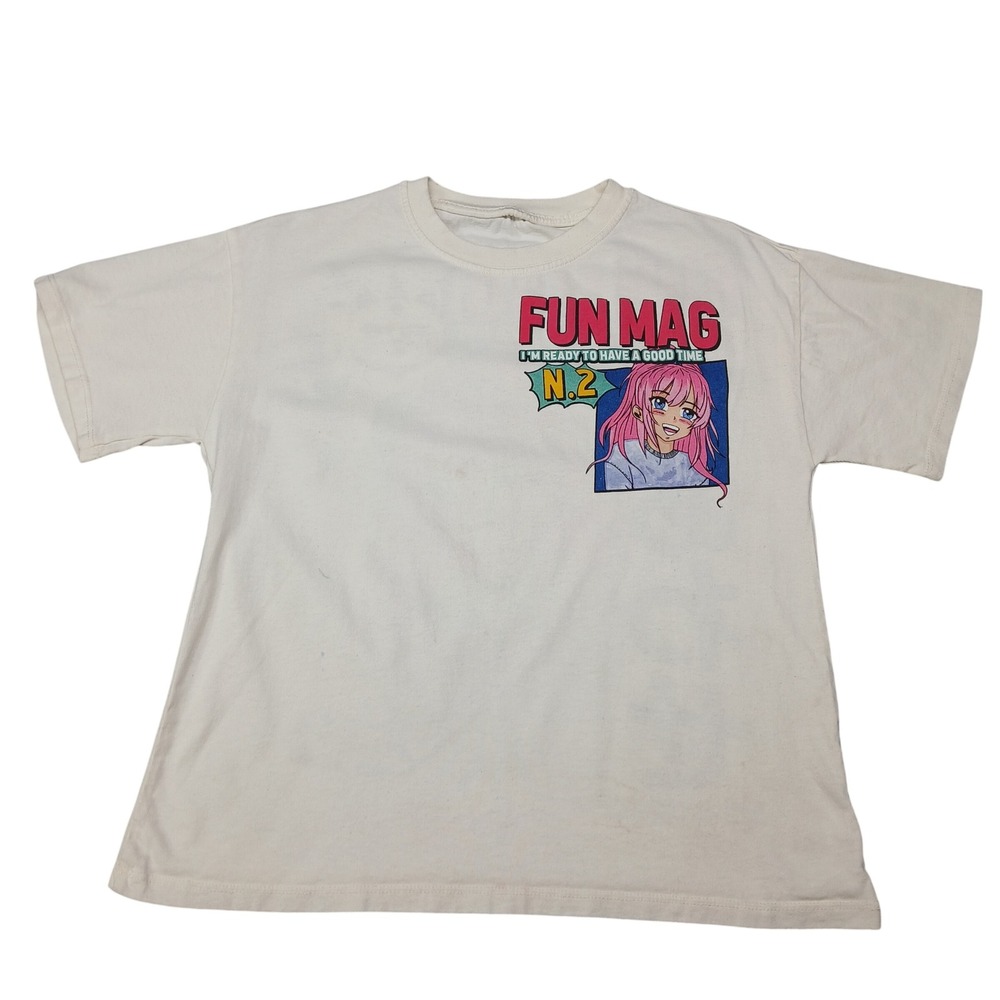 Fun Mag Anime‎ Graphic T-Shirt Cream Pink Hair Girl Lucky Cat Streetwear Tee